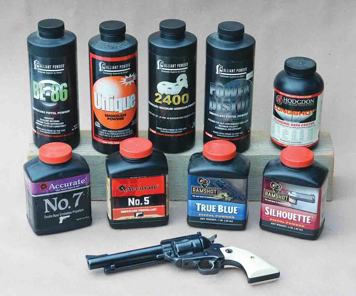 Many powders offered ideal performance for .45 Colt +P data.